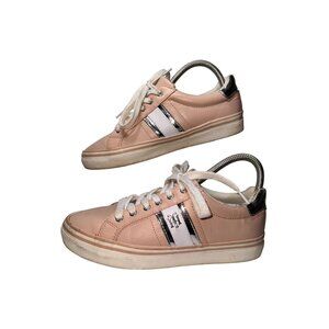 Tommy Hilfiger Womens Pink Leather Sneakers With White Laces & Metallic Accents